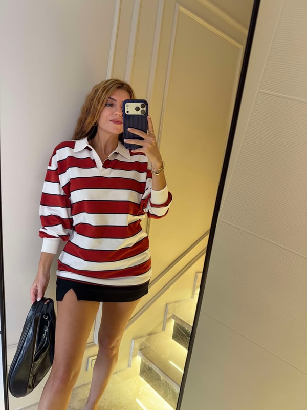 Kadın Polo Yaka Kalın Çizgili Sweatshirt - KırmızıBeyaz