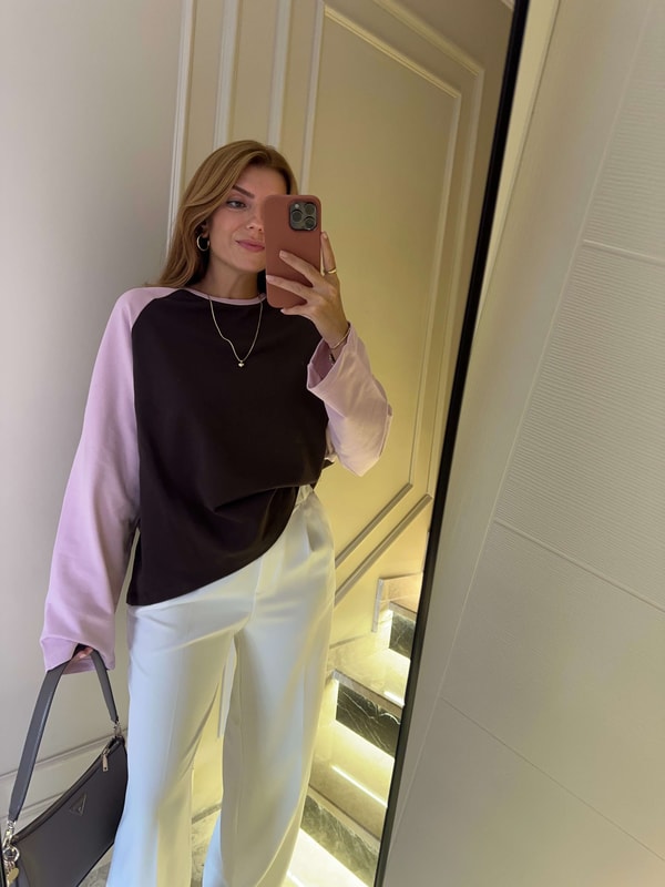 Kadın Reglan Kollu Çift Renk Sweatshirt - PembeKahve