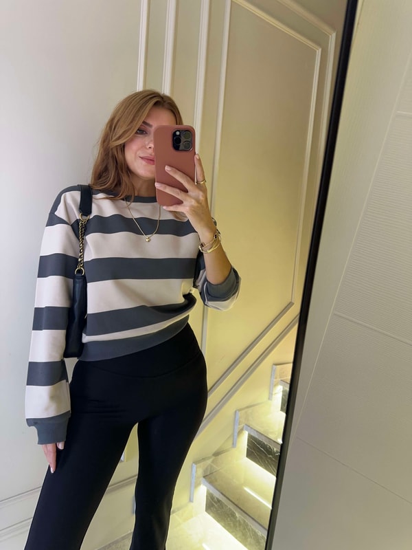Kadın Uzun Boy Çizgili Sweatshirt - BejFüme