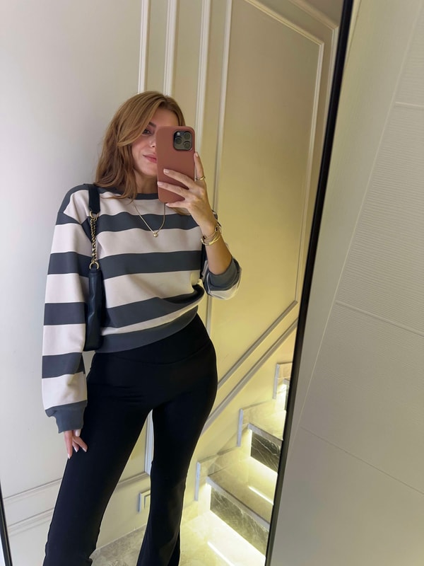 Kadın Uzun Boy Çizgili Sweatshirt - BejFüme