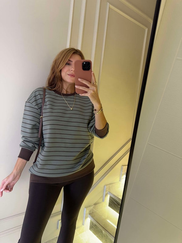Kadın Uzun Boy Çizgili Sweatshirt - HakiKahve