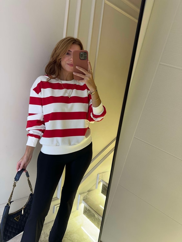 Kadın Uzun Boy Çizgili Sweatshirt - KırmızıBeyaz