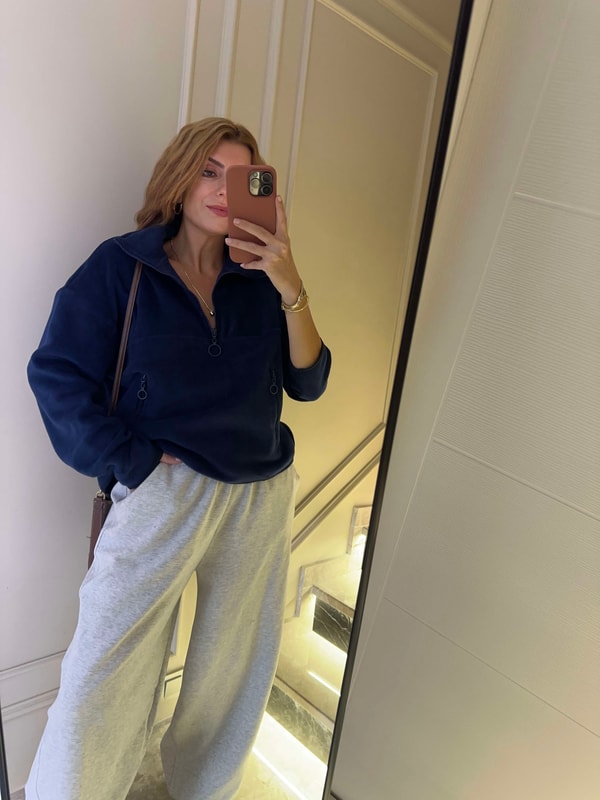 Kadın Yarım Fermuarlı Cepli Polar Sweatshirt - Lacivert