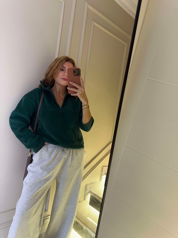 Kadın Yarım Fermuarlı Cepli Polar Sweatshirt - Zümrüt Yeşil