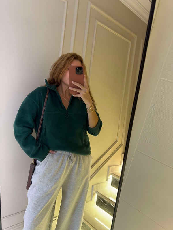 Kadın Yarım Fermuarlı Cepli Polar Sweatshirt - Zümrüt Yeşil
