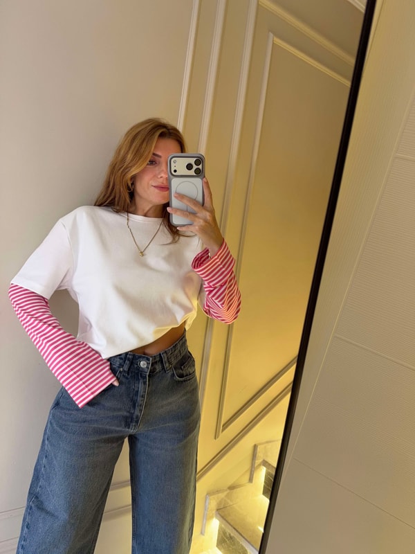 Kolları Çizgili Kadın Uzun Kol Bluz - Pembe