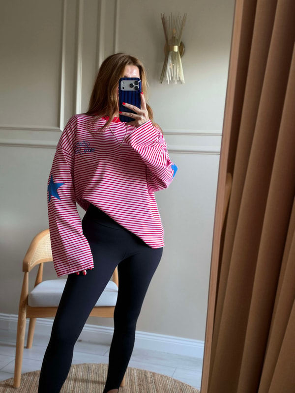 Kolları Yıldız Baskılı Paris Çizgili Sweatshirt