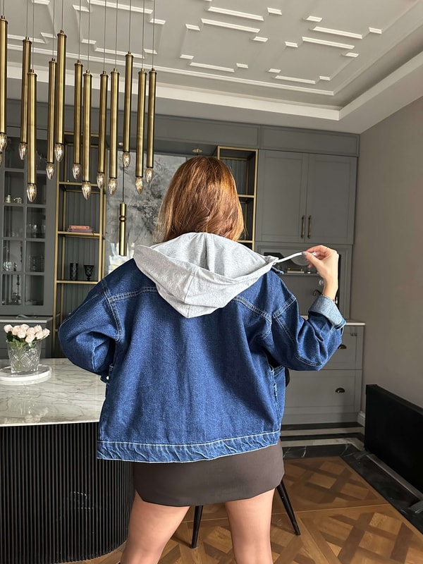 Kadın Koyu Mavi Penye Kapşonlu Kot Ceket