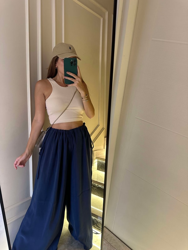 Lacivert Beli Ayarlanabilir Bol Paça Pantolon