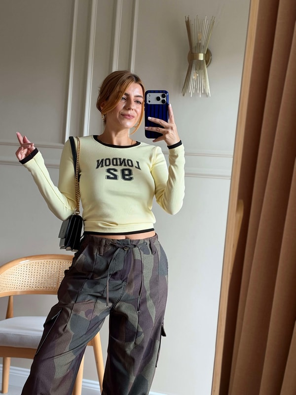London 92 Baskılı Uzun Kol Body - Sarı