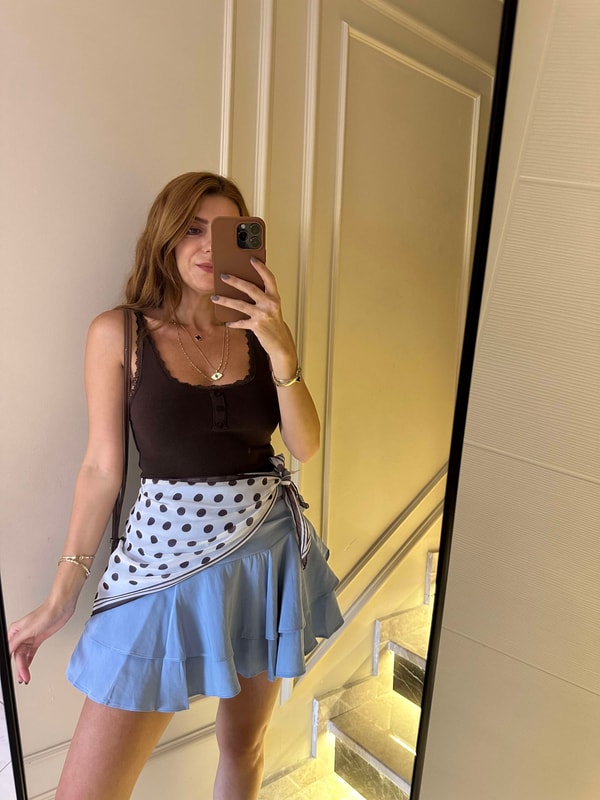 Mavi Büzgülü Şortlu Etek