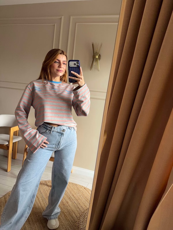 Nordıc Baskılı Mavi Yaka Çizgili Sweatshirt