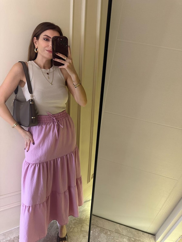 Pembe Katlı Uzun Etek