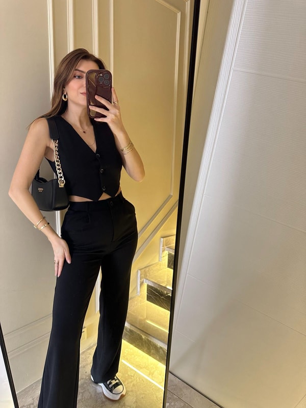 Siyah Krep Kumaş Yelekli Takım