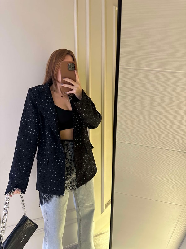 Siyah Taşlı Oversize Blazer Ceket