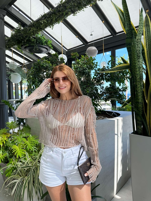 Taş Transparan Crop Triko Bluz