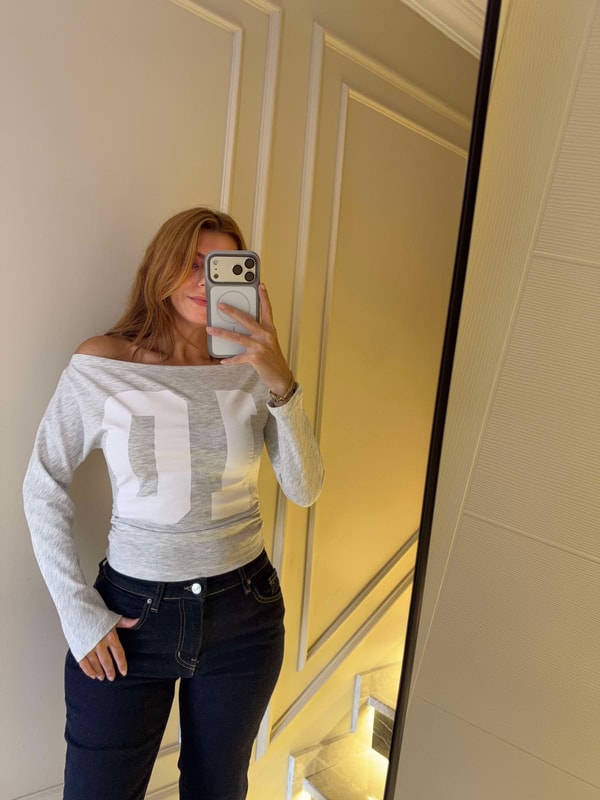 Büzgülü Bluz10 Yan Büzgü Kayık Yaka Bluz - Melanj Gri