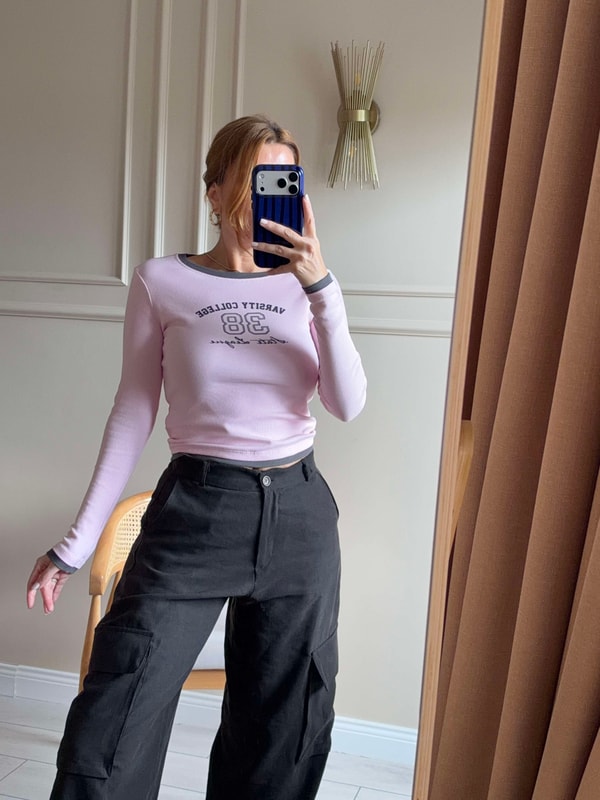 Uzun Kollu Bluz38 Baskılı Uzun Kol Body - Pembe