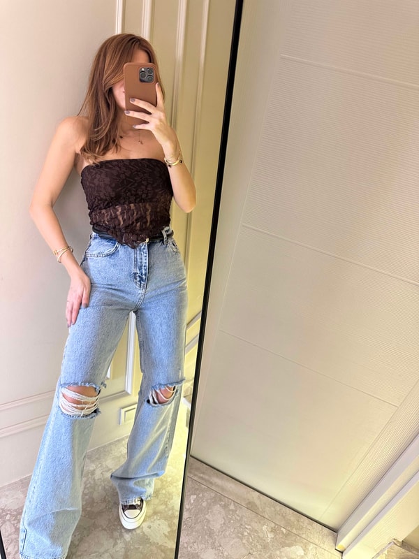 Straplez BluzAcı Kahve Asimetrik Gipeli Straplez Bluz