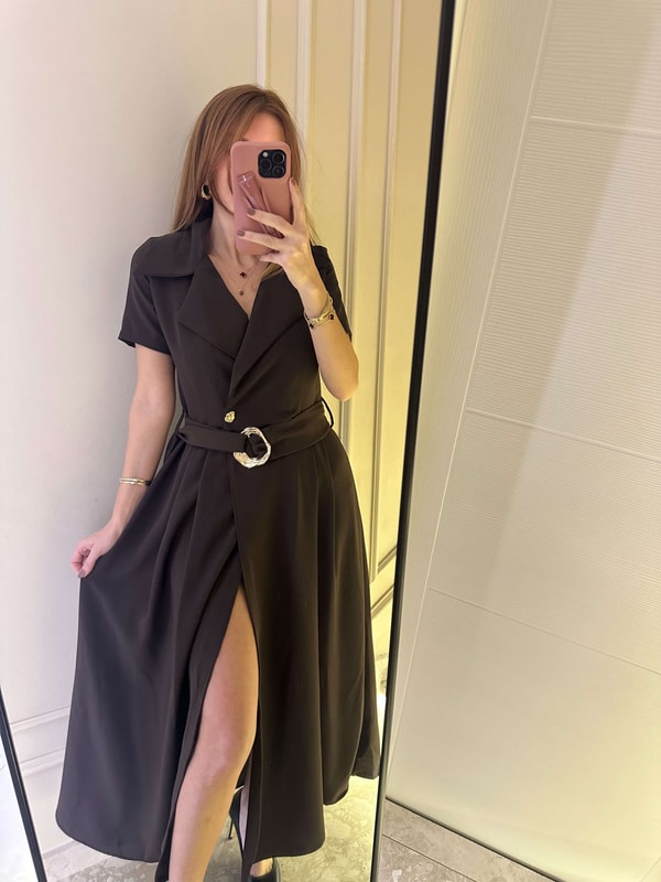 ELBİSEAcı Kahve Bel Tokalı Yırtmaç Detay Elbise