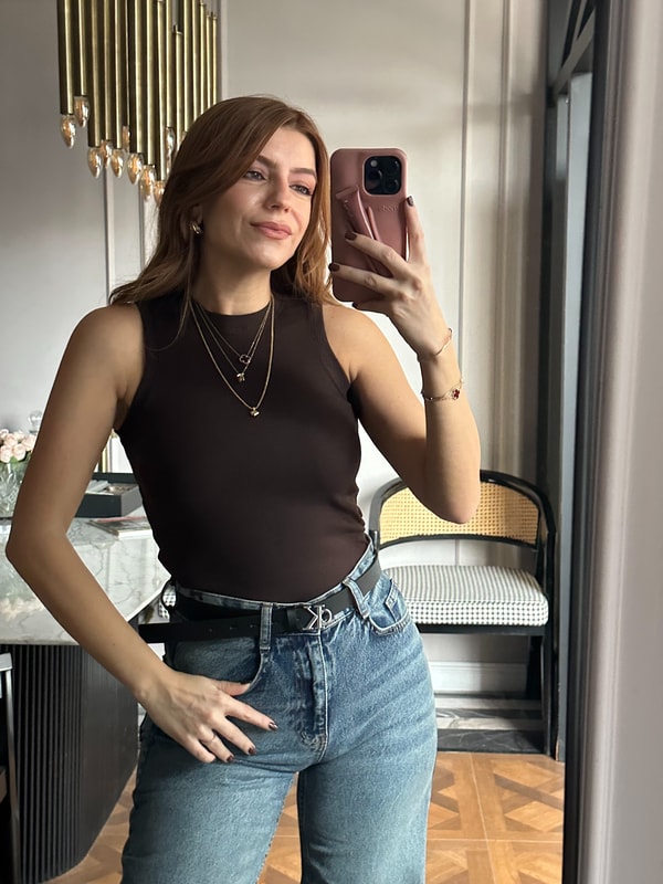 Sıfır Kol BluzAcı Kahve Fitilli Sıfır Kol Crop