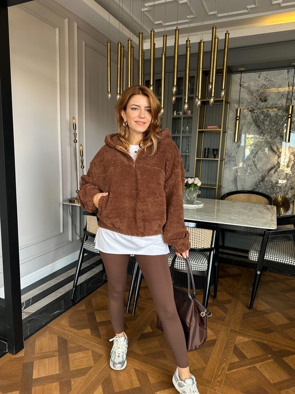 DIŞ GİYİMAcı Kahve Kapşonlu Yarım Fermuar Peluş Ceket