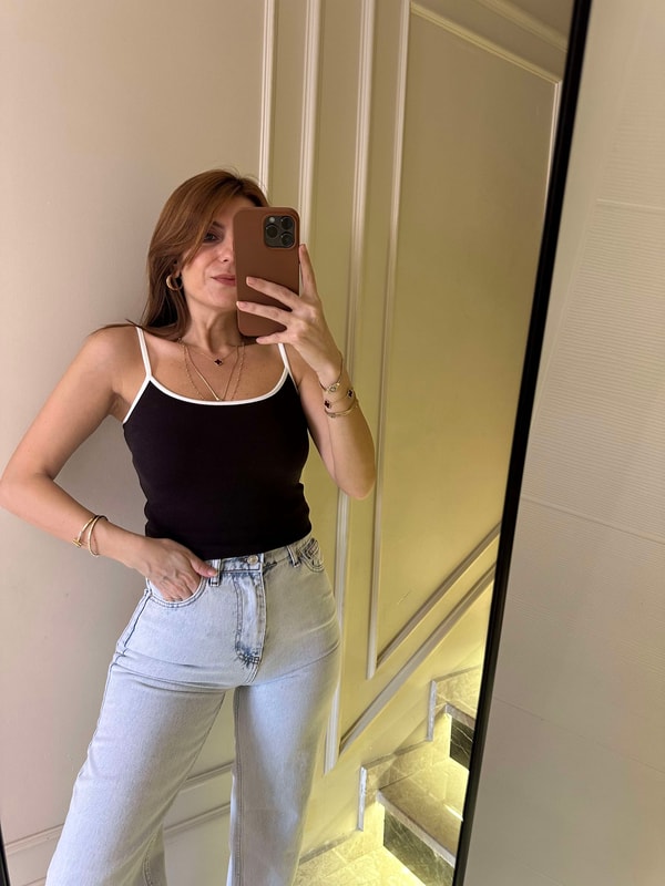 Askılı BluzAcı Kahve Kontrast Şeritli Askılı Bluz