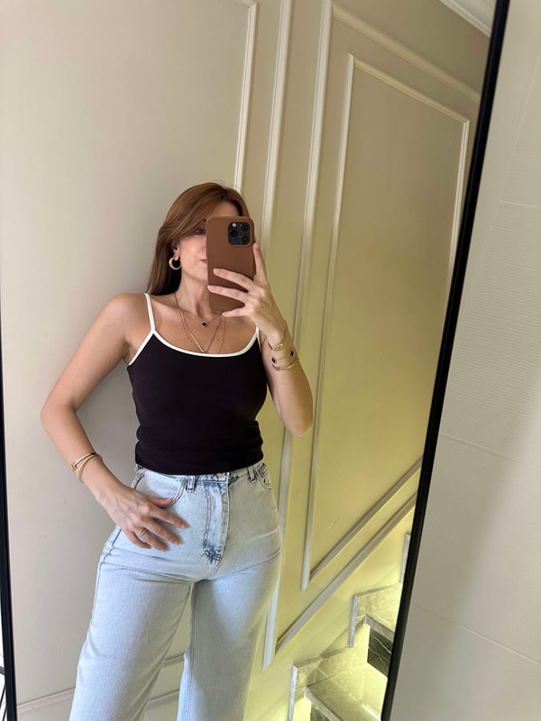 Askılı BluzAcı Kahve Kontrast Şeritli Askılı Bluz