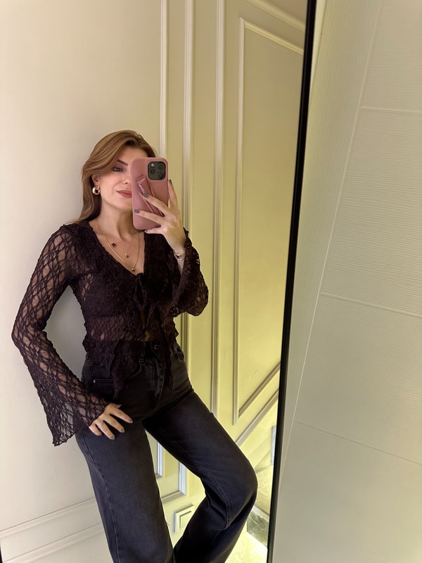 Uzun Kollu BluzAcı Kahve Ön Bağlamalı Güpür Hırka Bluz