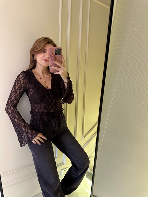 Uzun Kollu BluzAcı Kahve Ön Bağlamalı Güpür Hırka Bluz