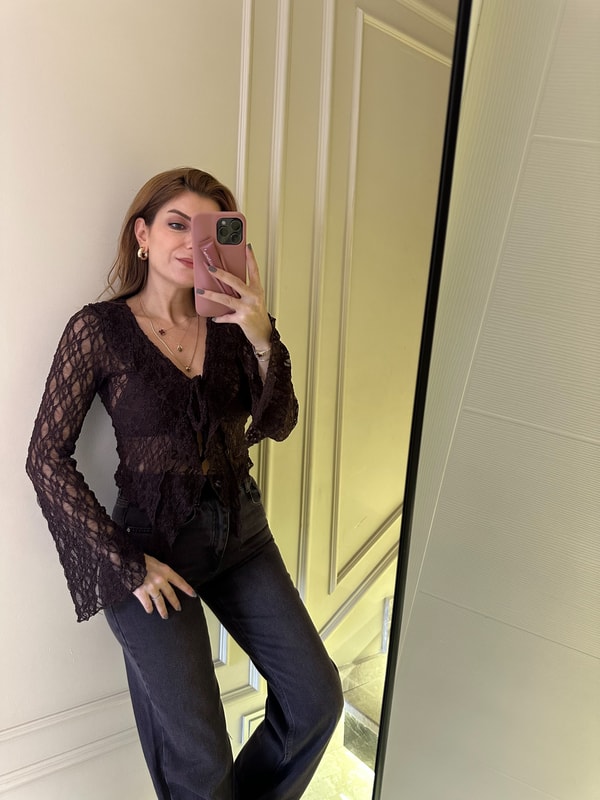Uzun Kollu BluzAcı Kahve Ön Bağlamalı Güpür Hırka Bluz