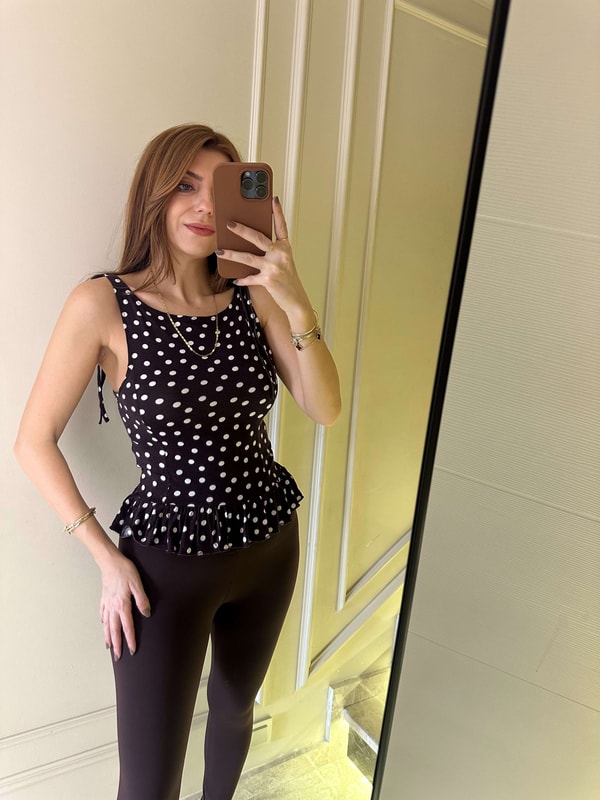 BluzAcı Kahve Puantiye Desen Bağlamalı Bluz