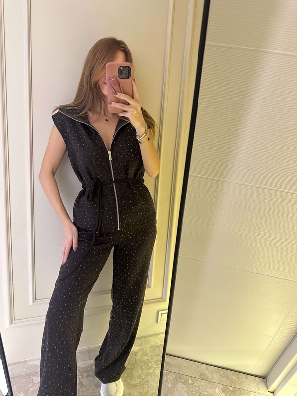 Pantolonlu TakımAcı Kahve Taşlı Fermuarlı Yelekli Takım