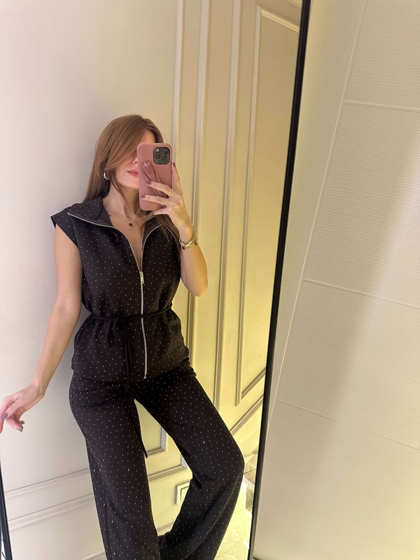 Pantolonlu TakımAcı Kahve Taşlı Fermuarlı Yelekli Takım