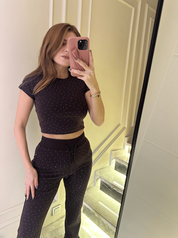 Eşofman TakımıAcı Kahve Taşlı Kısa Kol Fit Takım