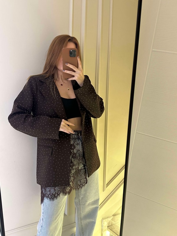 CeketAcı Kahve Taşlı Oversize Blazer Ceket
