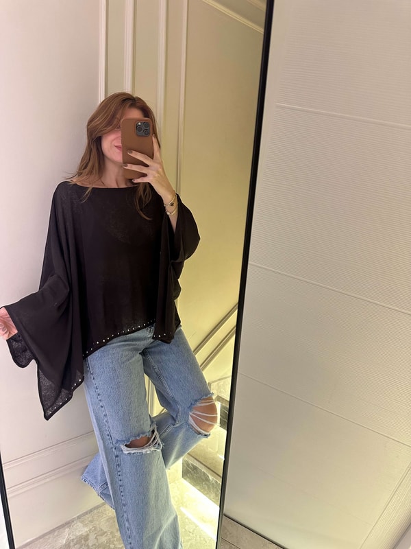 Crop BluzAcı Kahve Taşlı Yarasa Kol Viskon Bluz
