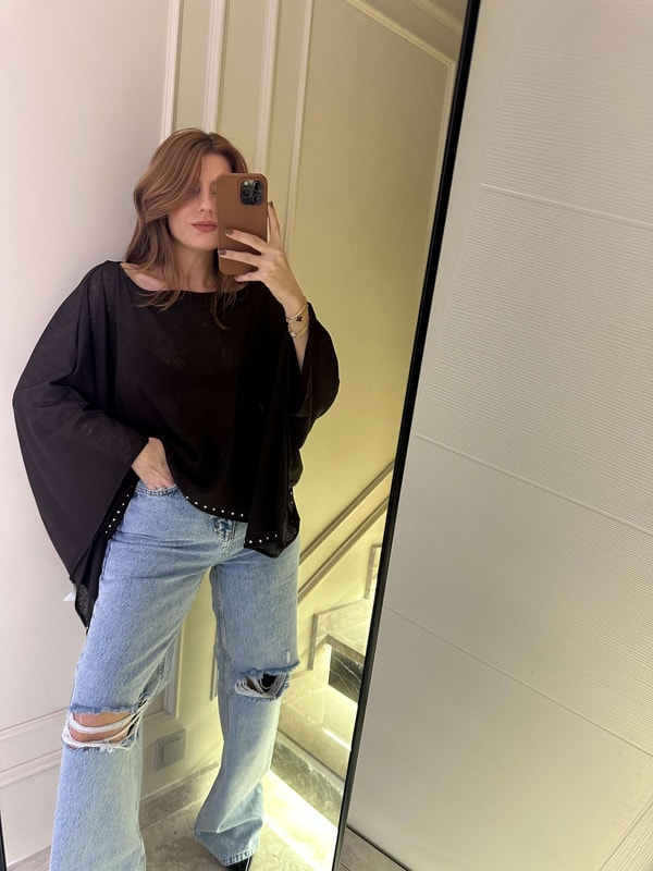 Crop BluzAcı Kahve Taşlı Yarasa Kol Viskon Bluz