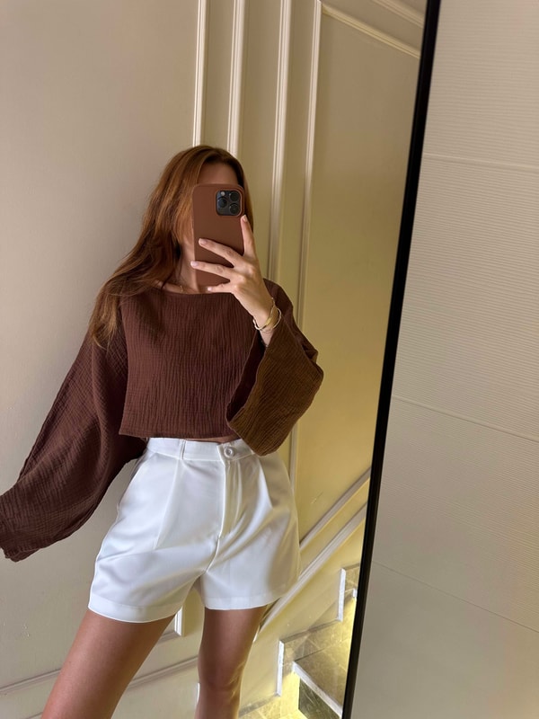 Uzun Kollu BluzAcı Kahve Yarasa Kol Crop Bluz