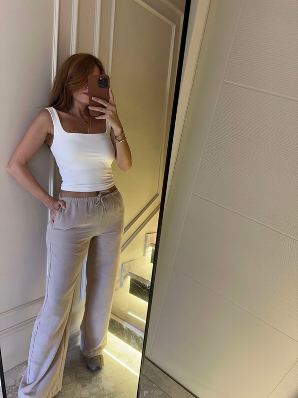 Keten PantolonBej Beli Bağcıklı Bol Paça Keten Pantolon
