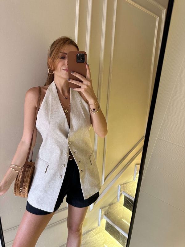 YelekBej Halter Yaka Düğmeli Keten Yelek