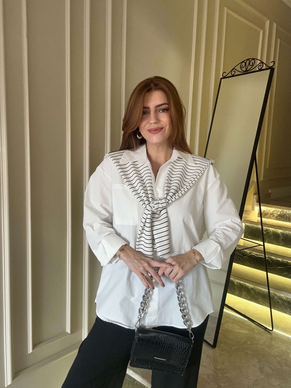 GömlekBeyaz Çizgili Atkı Detay Beyaz Gömlek