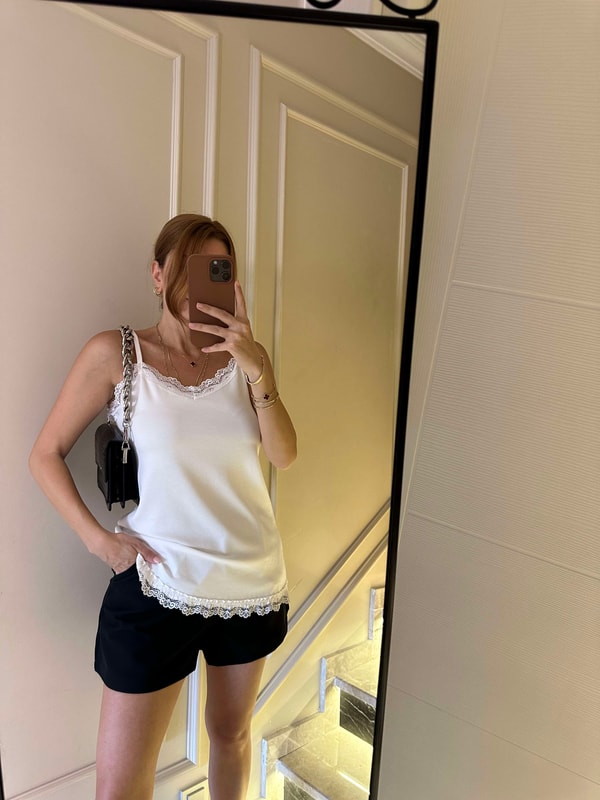 Askılı BluzBeyaz Dantelli Asimetrik Askılı Bluz
