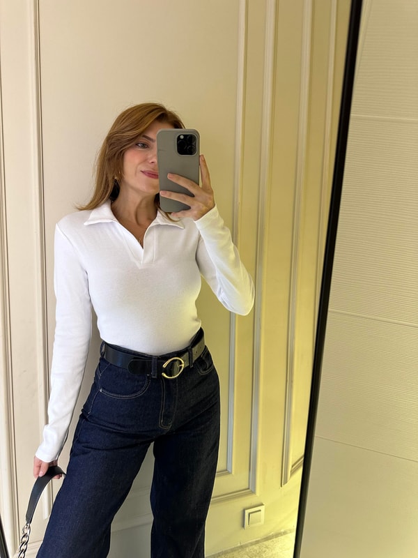 Uzun Kollu BluzBeyaz Polo Yaka Uzun Kol Bluz
