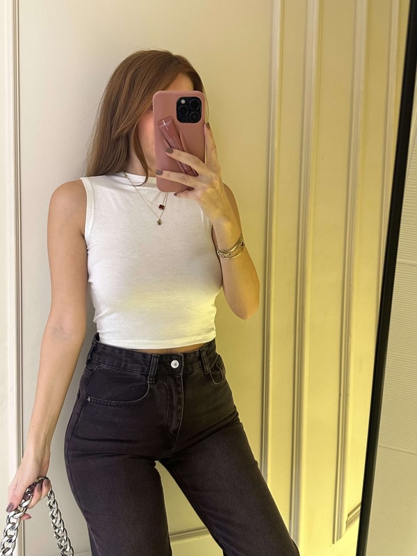 Crop BluzBeyaz Transparan Halter Yaka Bluz
