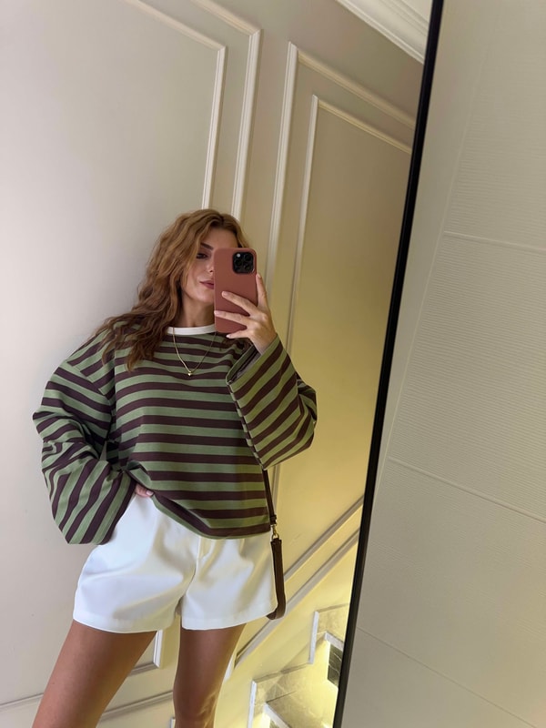 Bisiklet Yaka SweatshirtBeyaz Yaka Çizgili Kadın Sweatshirt - HakiKahve