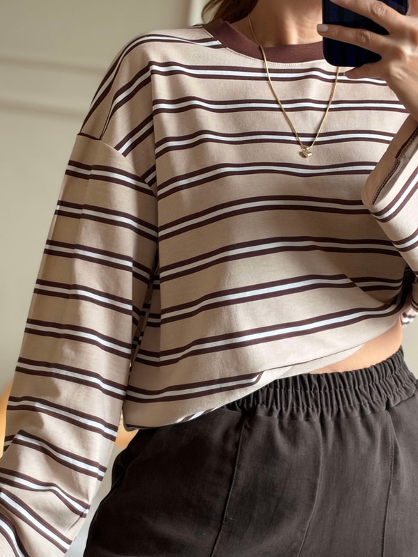 Uzun Kollu BluzBisiklet Yaka Çizgili Oversize Bluz - KremKahve