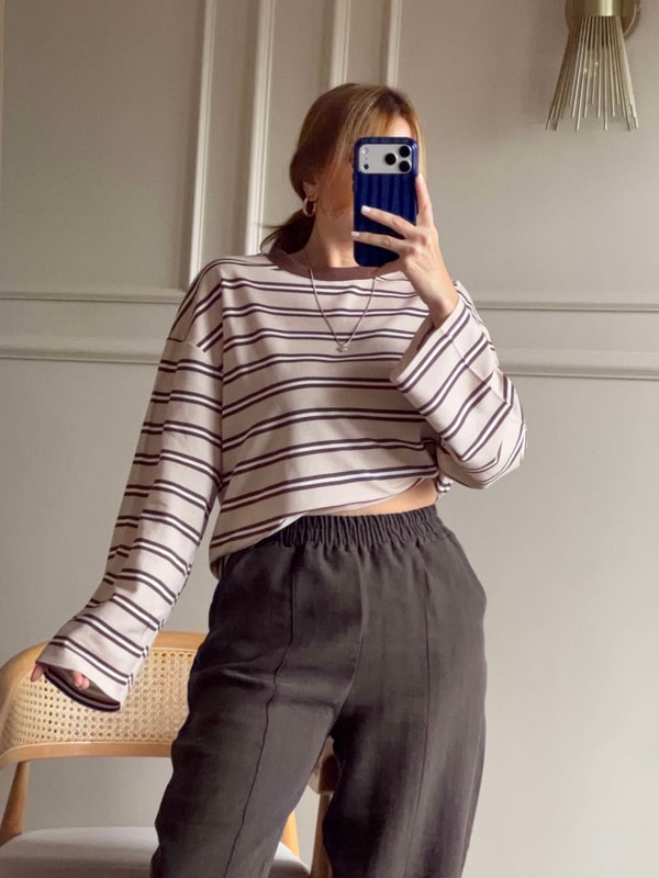 Uzun Kollu BluzBisiklet Yaka Çizgili Oversize Bluz - KremKahve