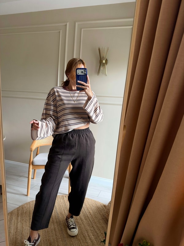 Uzun Kollu BluzBisiklet Yaka Çizgili Oversize Bluz - KremKahve