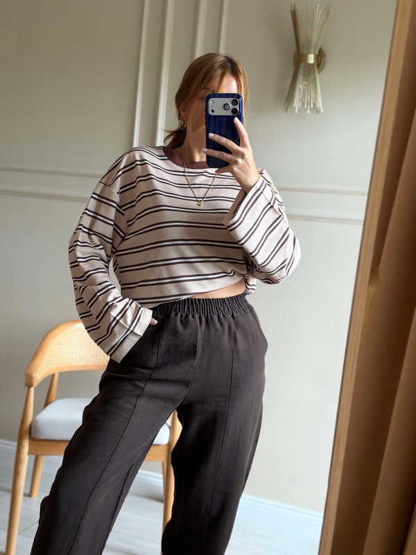 Uzun Kollu BluzBisiklet Yaka Çizgili Oversize Bluz - KremKahve